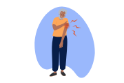 Illustration d’un homme se tenant l’épaule gauche douloureuse, et portant un t-shirt orange